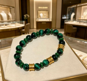 Bvlgari Green Beaded Gold Accent Bracelet – Elegant Luxury Jewelry