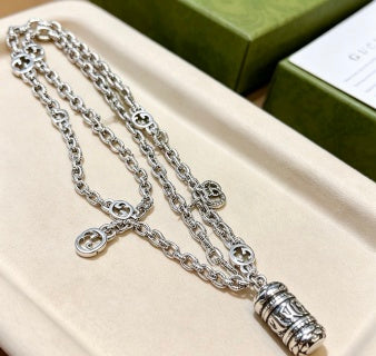 Gucci GG Charm Cylinder Drop Silver Chain Necklace