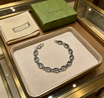 Gucci GG Interlocking Medallion Silver Link Bracelet