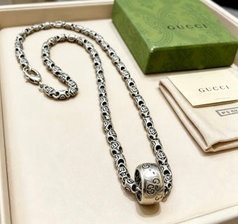 Gucci GG Engraved Barrel Pendant Silver Long Necklace
